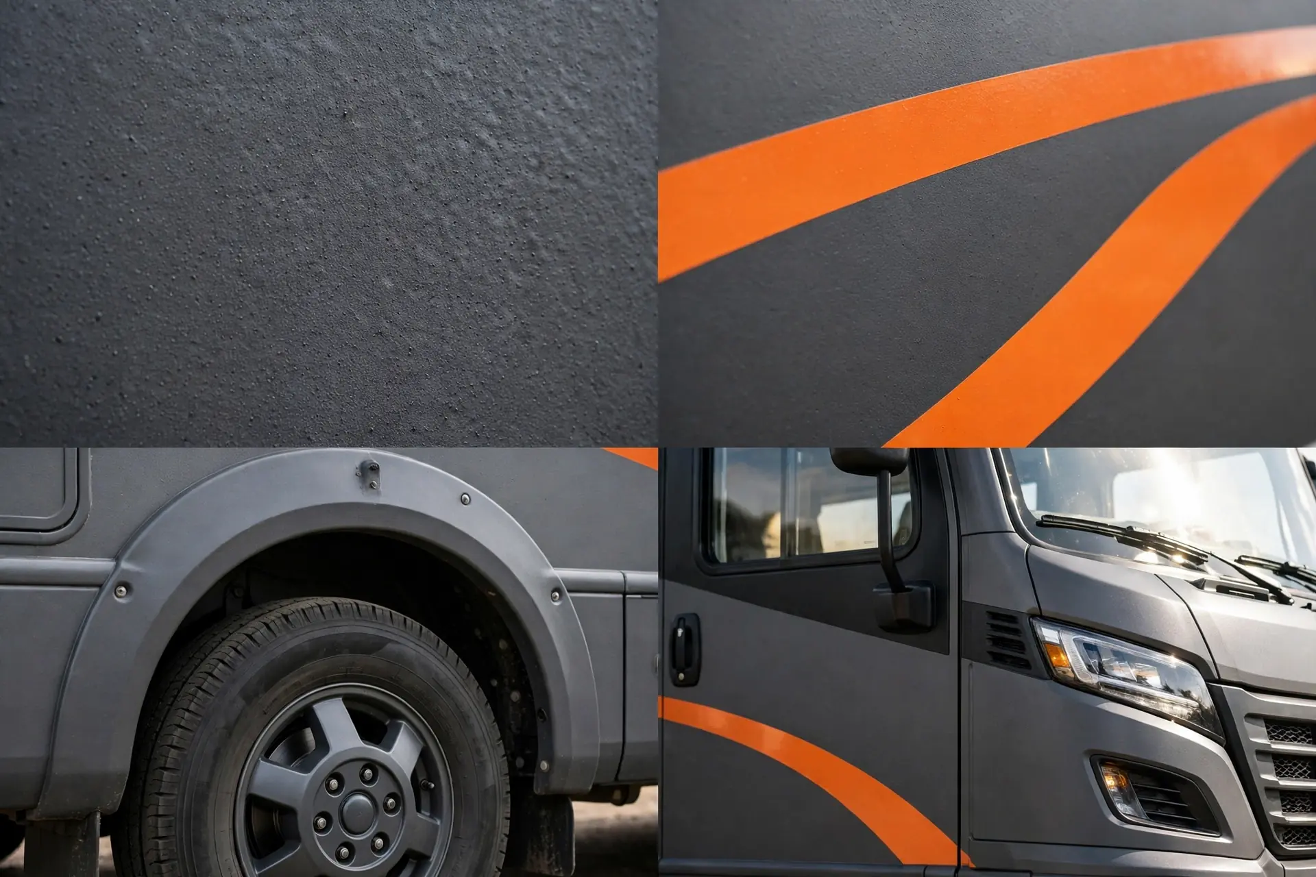 Four-panel detail collage of the matte charcoal and sunset orange motorhome design