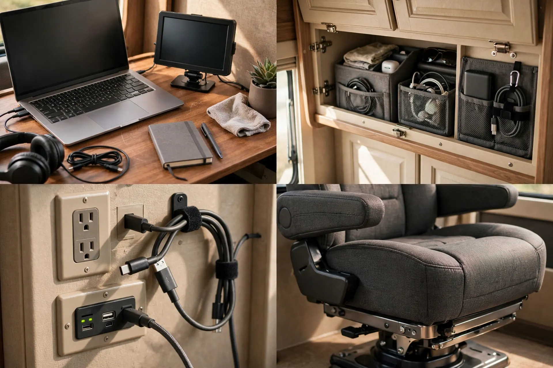 Four close up views of the captain chair command center showing the desk surface, overhead storage with organizers, power outlets with routed cables, and the swivel chair base with padded armrests