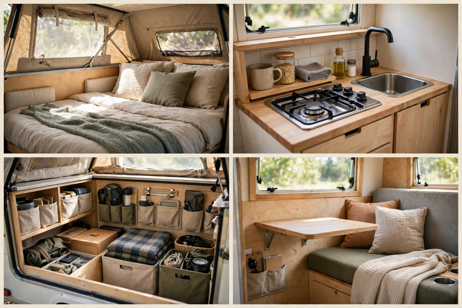 Four interior details of a pop-top camper: bed, kitchenette, storage, and seating area