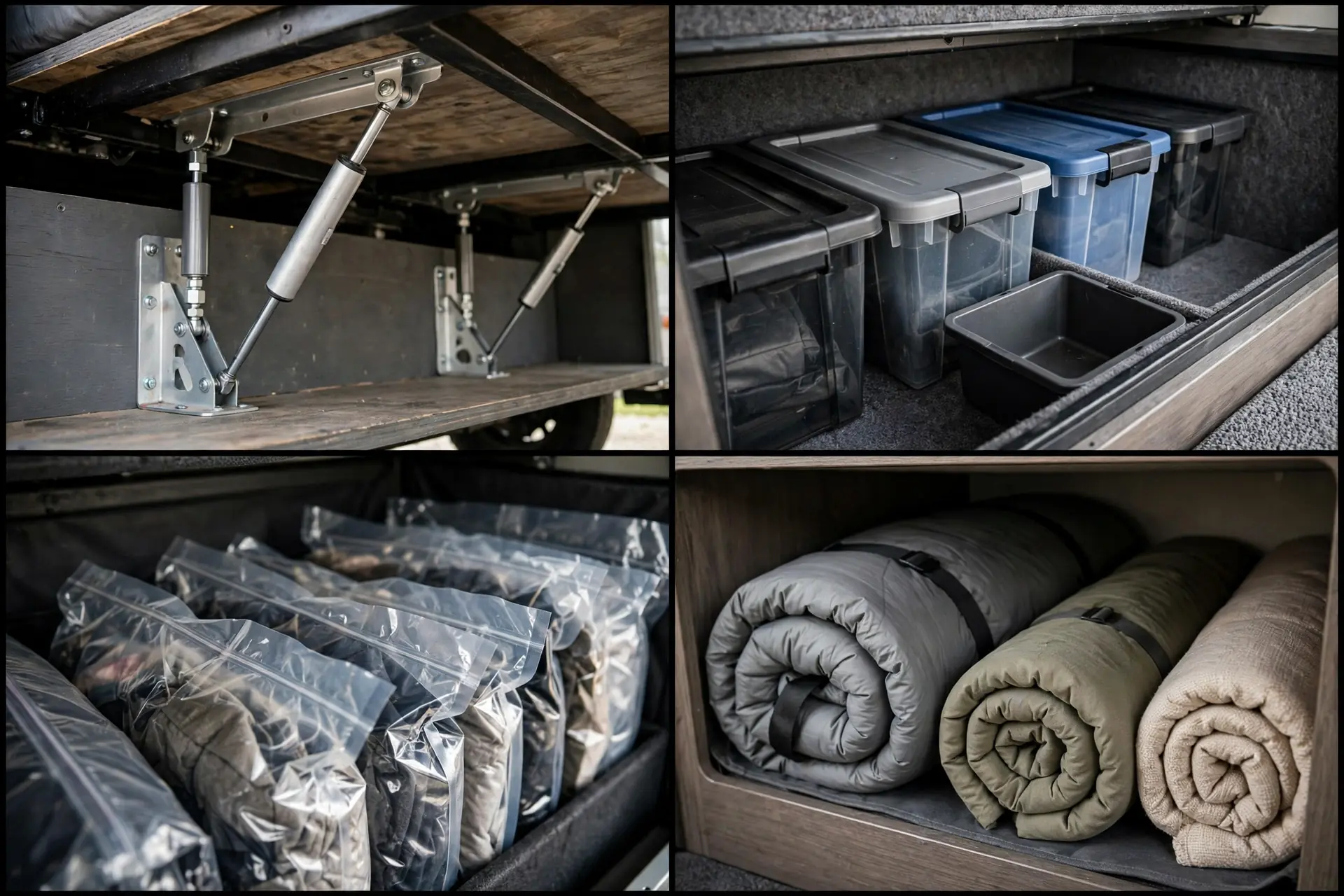 Close-up details of RV under-bed storage: lifted platform struts, labeled bins and vacuum-sealed bags