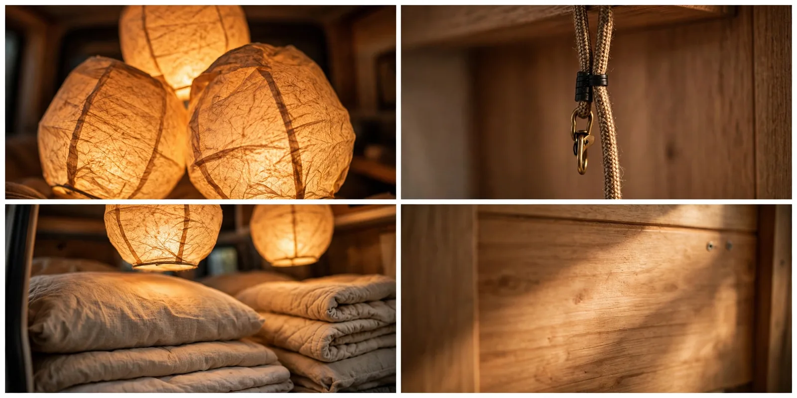 Four-panel detail collage of warm paper lanterns in a camper van bedroom showing lantern texture, hanging cord detail, and soft light on bedding and wood walls