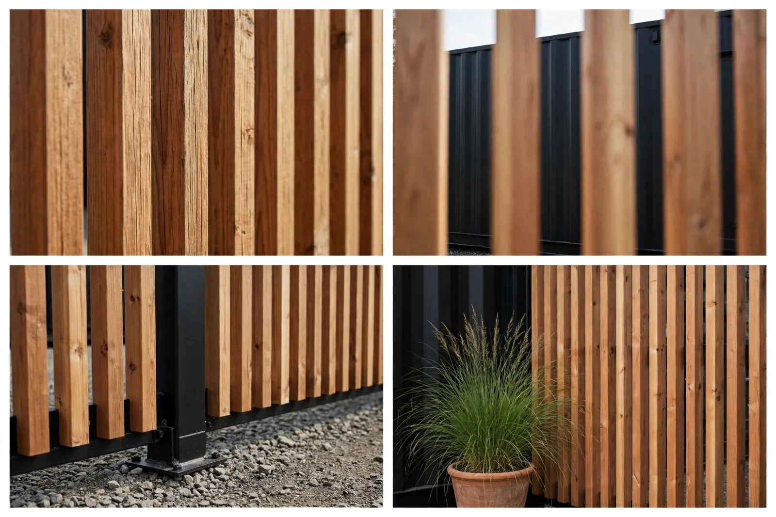 Four-panel collage: cedar slat texture, black container seen through slat gaps, screen base anchored in gravel, ornamental grass planter