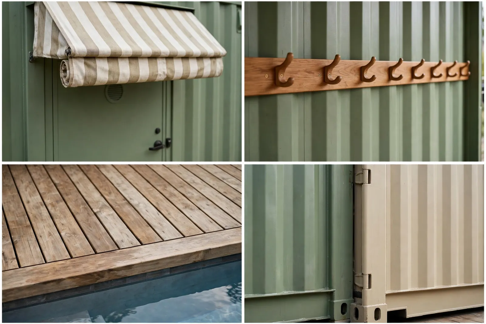 Four-panel collage: awning, towel hooks, boardwalk deck, painted colors