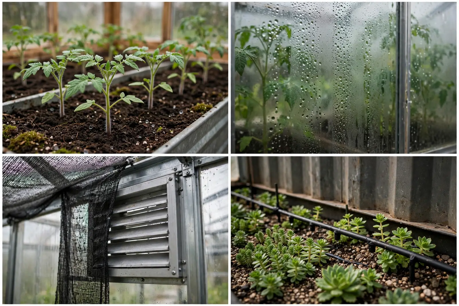 Detail collage of the rooftop greenhouse showing tomato seedlings, condensation on glass, a ventilation louver and drip irrigation