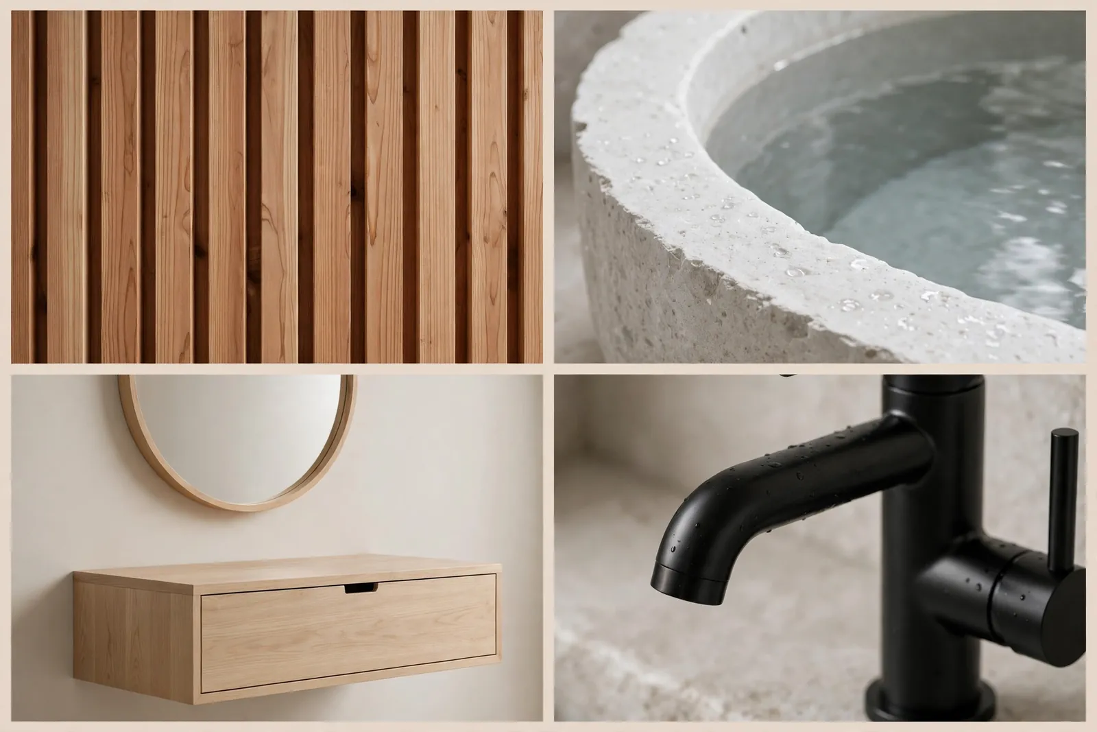 Four-panel collage of Japandi bathroom details: cedar slat texture, stone soaking tub, floating vanity with round mirror and matte black faucet