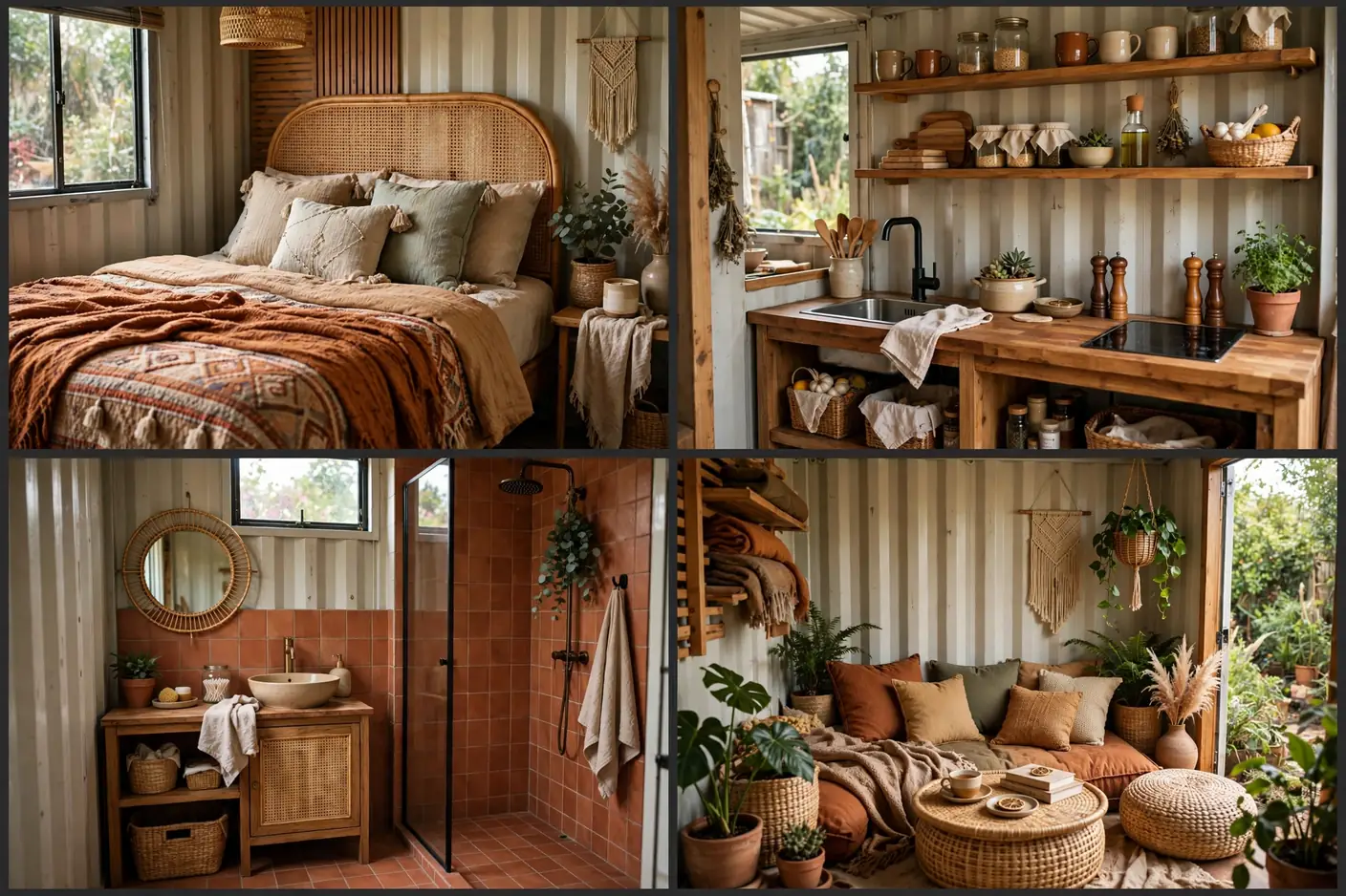 Four interior views of a boho container retreat: bedroom, kitchenette, terracotta bathroom and lounge