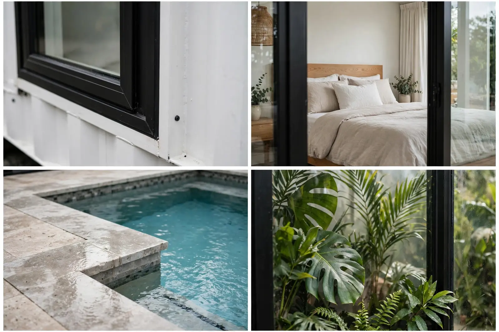 Four detail photos of the white courtyard container home: slim black window frames, airy bedroom seen through the glass, plunge pool edge and stone patio, tropical plants against the glass