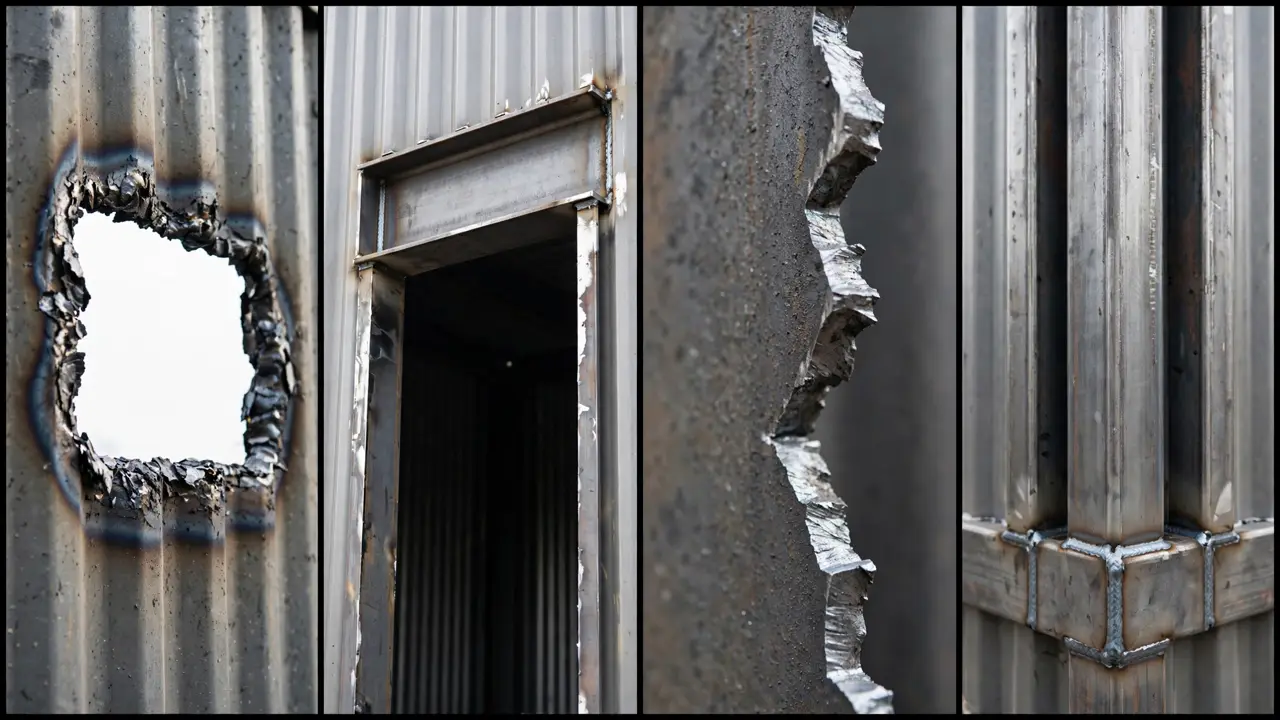 Steel cutting details: rough plasma-cut window opening, welded steel header beam, jagged unground cut edge, reinforced welded corner posts