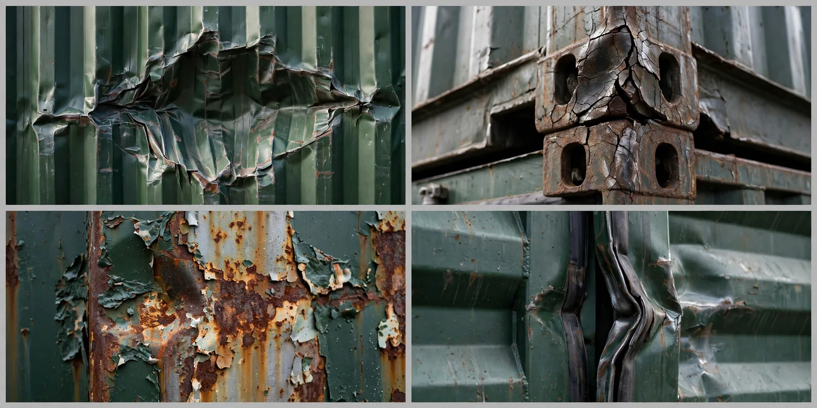 Detail collage of wall dents, a cracked corner casting, bare rusted metal and a bent door frame