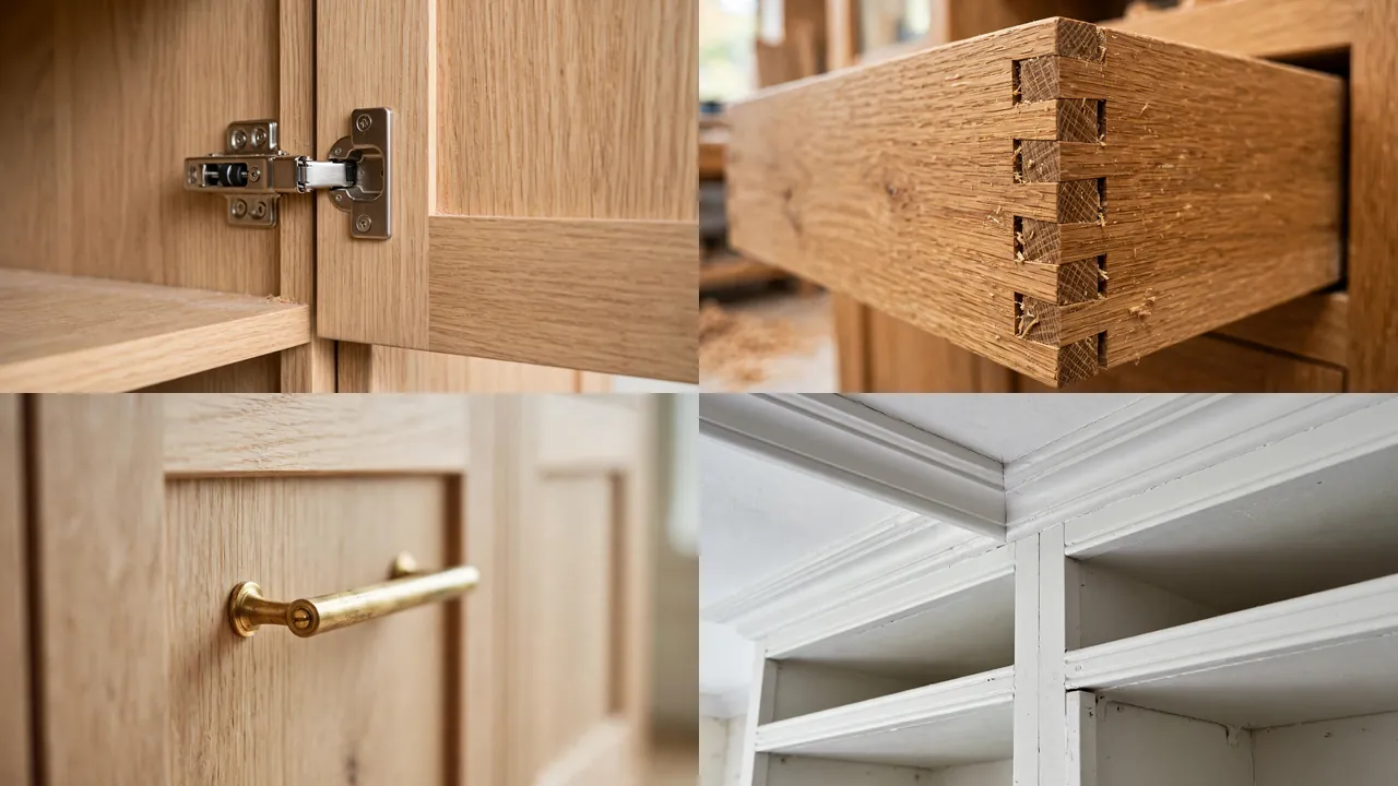 Close-up details of cabinet hinges, dovetail drawers, brass pulls, and crown molding