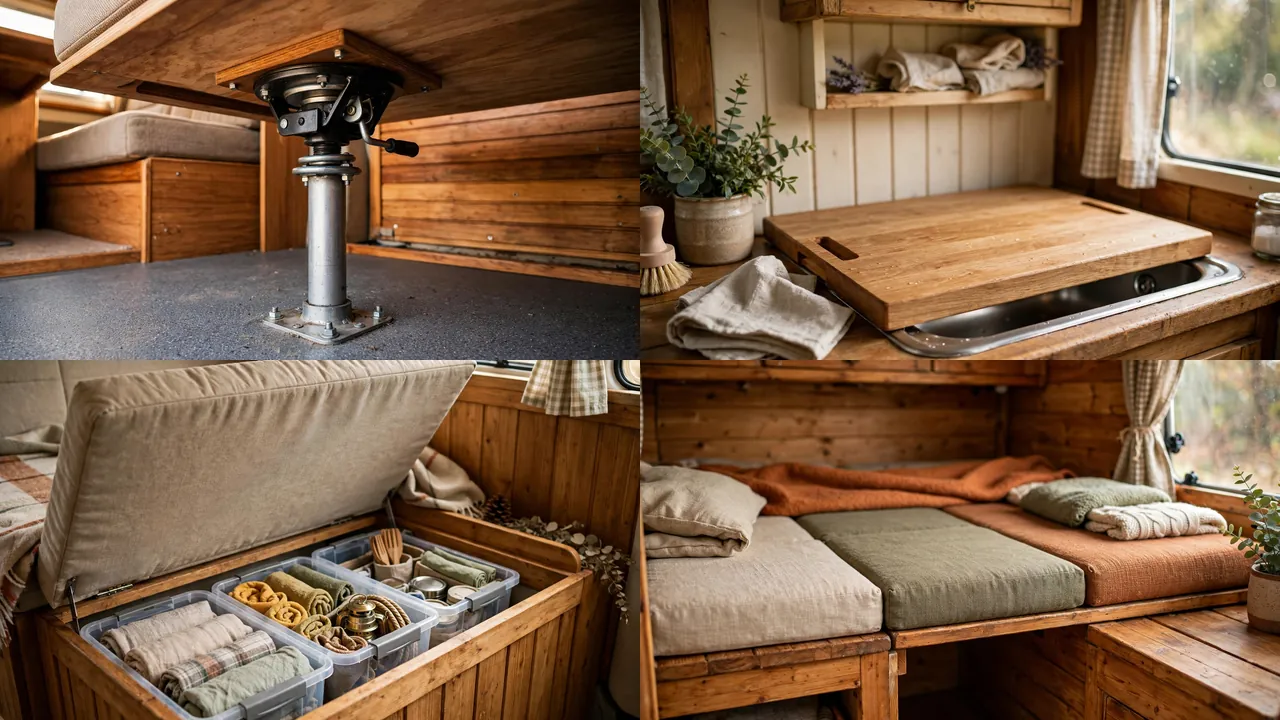Close-up details of swivel table mount, sink cover, bench storage and bed conversion