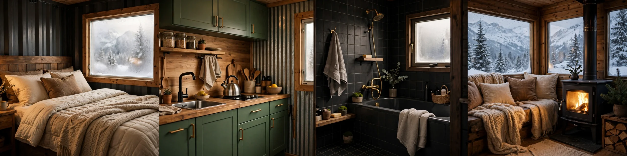 Interior collage of the alpine cabin: quilt bedroom, green-cabinet kitchen, dark tile bathroom, and living area with a glowing wood stove