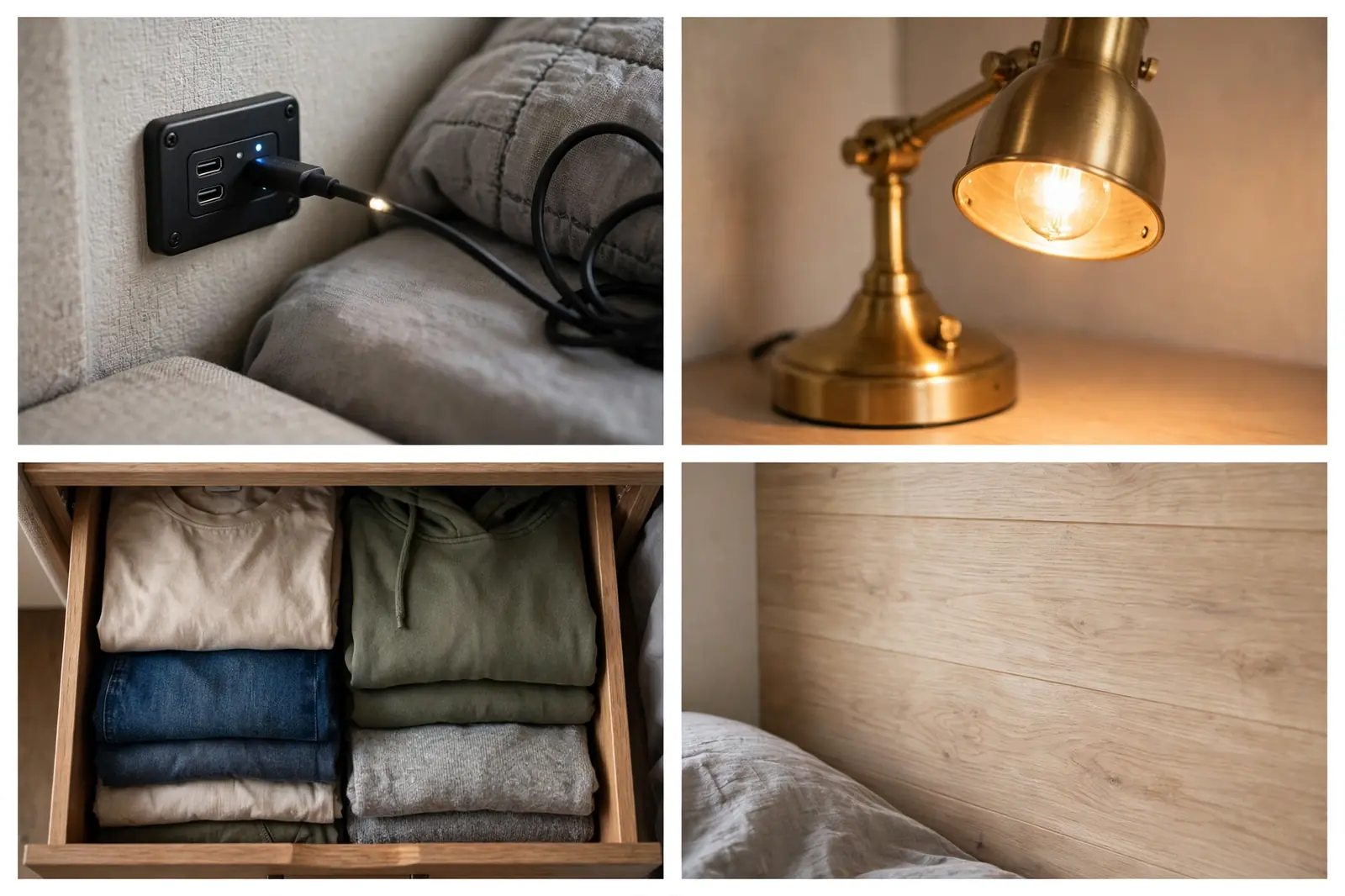 Four-panel collage showing USB port detail, lamp close-up, nightstand drawer open, and bedside wall texture