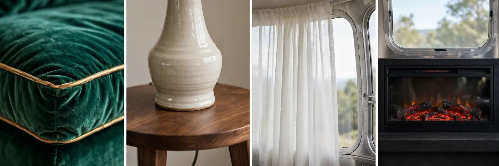 Four detail panels: emerald velvet cushion with brass piping, walnut side table with ceramic lamp, sheer window curtains, slim electric fireplace