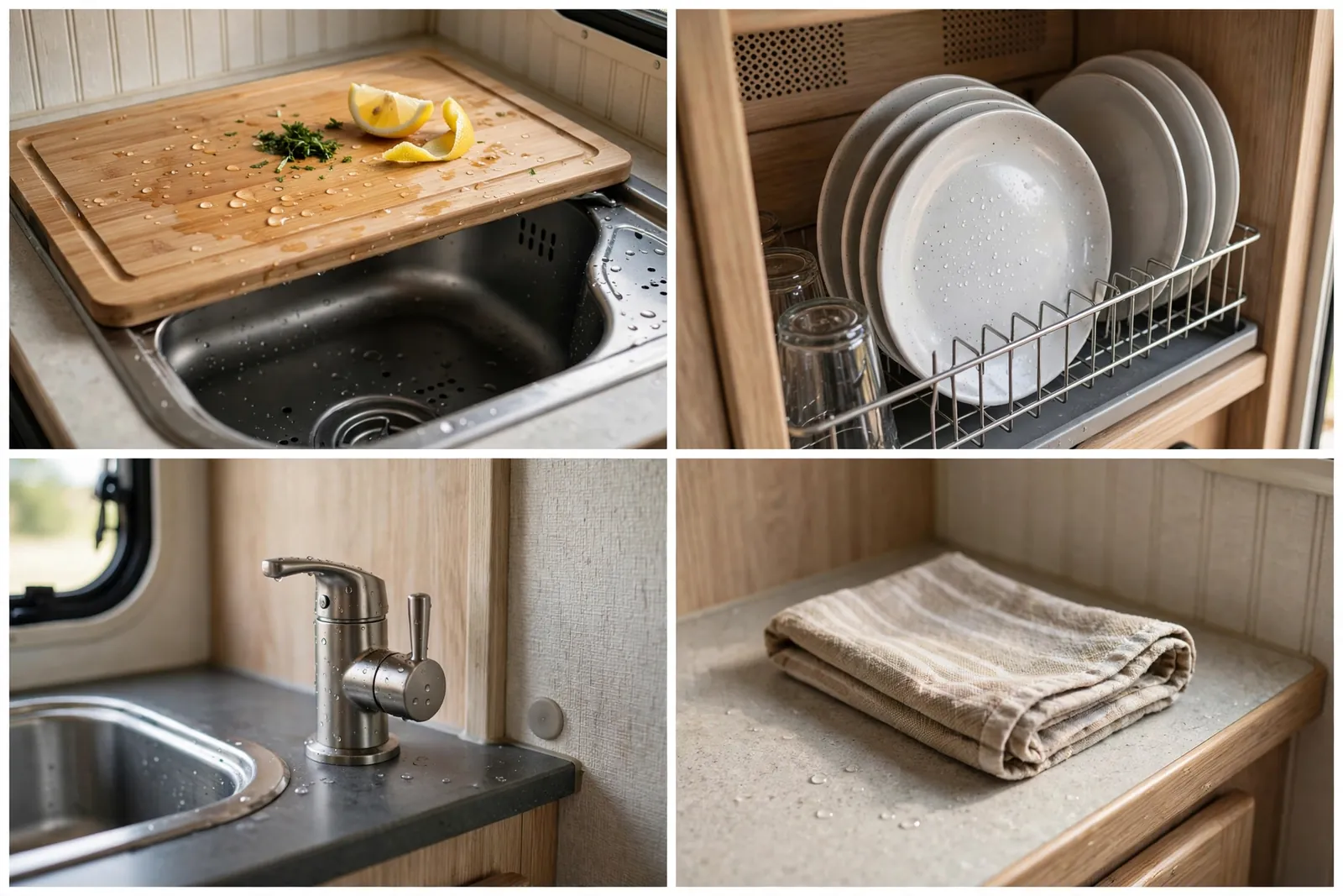 Detail collage: over-sink cutting board, dish rack with plates, small RV faucet, folded dish towel