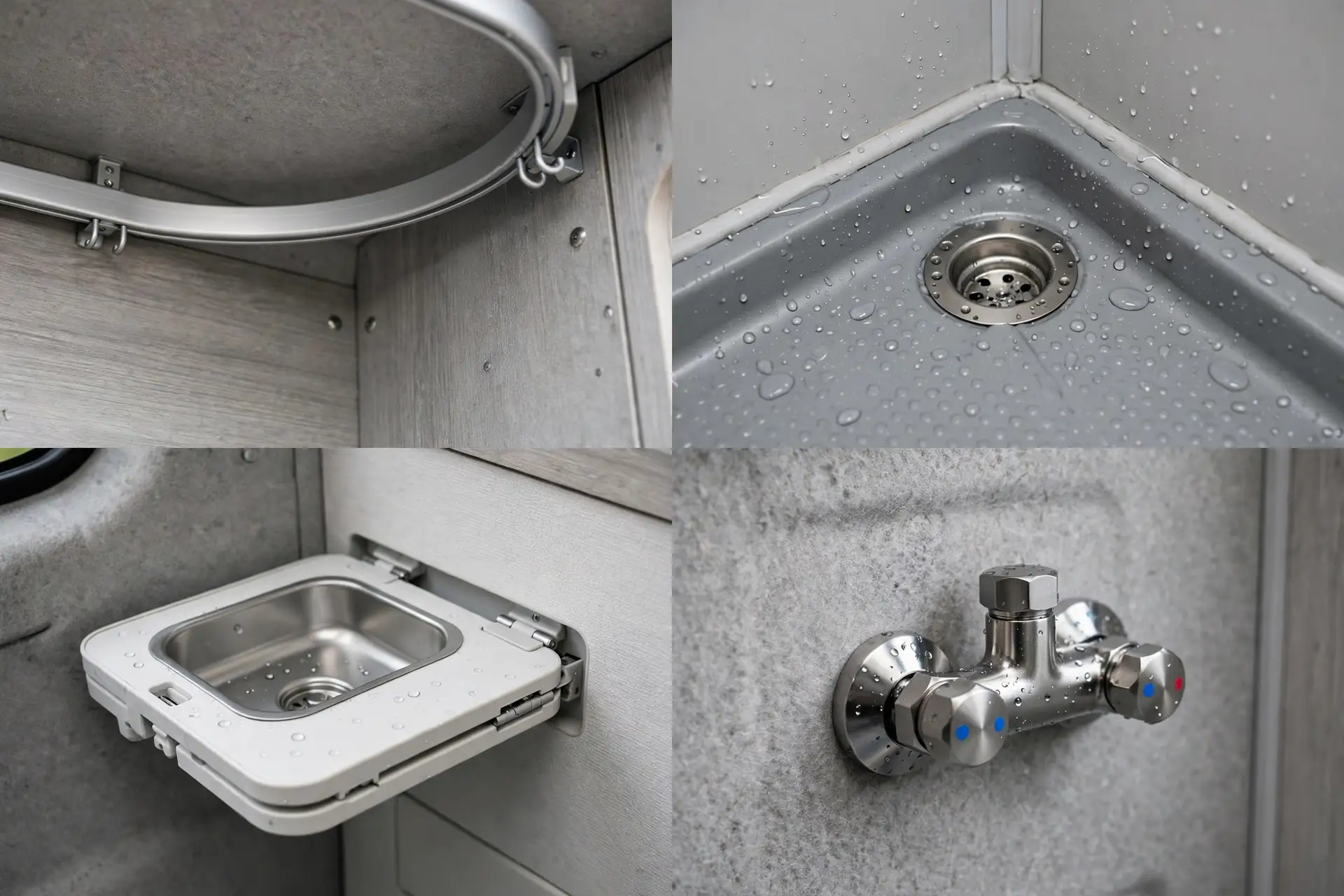 Close-up details of a curved corner shower camper van wet bath: curtain rail, tray drain, fold-down sink and mixer tap