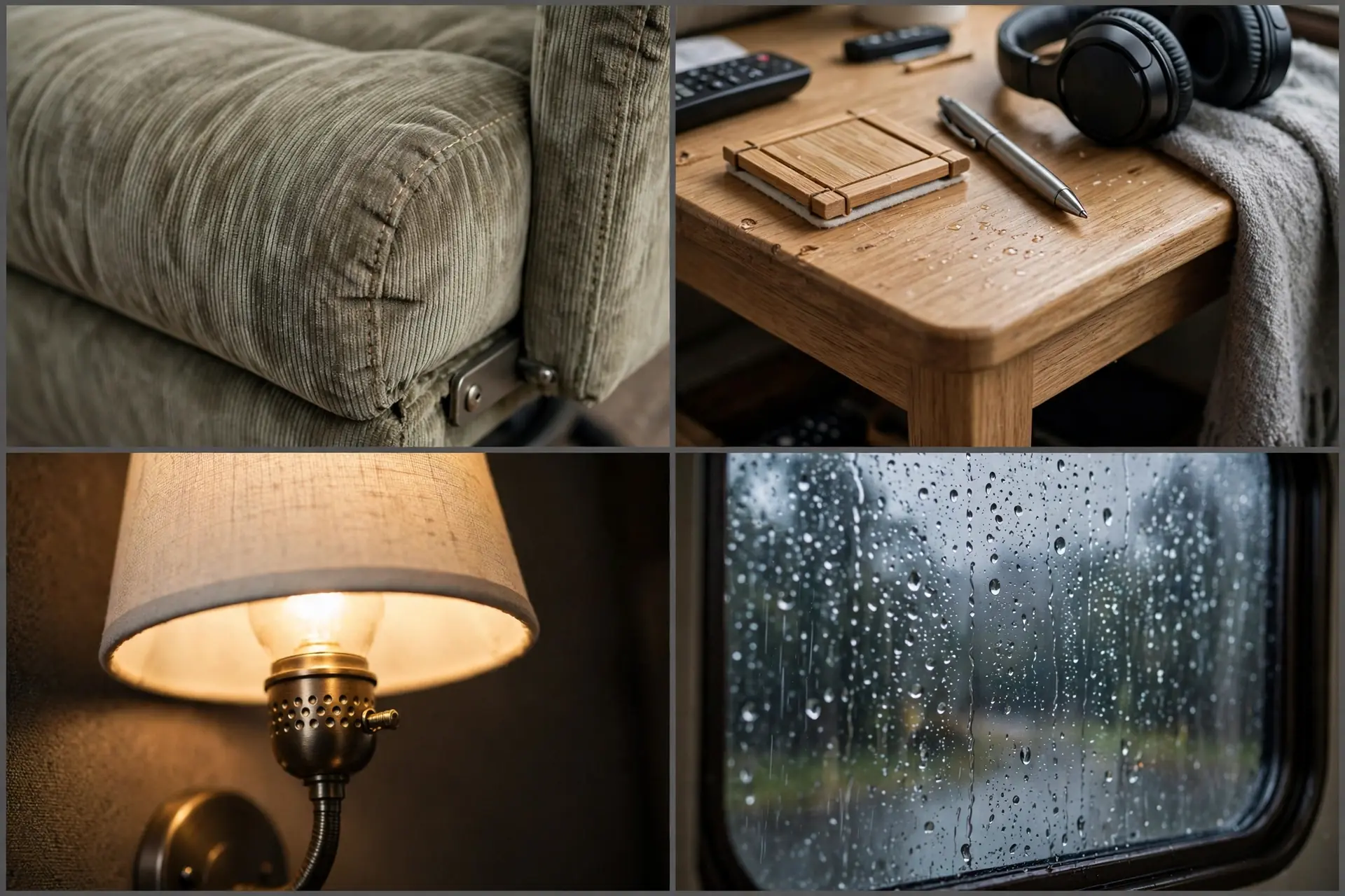 Close-up details of the RV swivel chair movie corner: chair upholstery, side table, lamp light and window rain