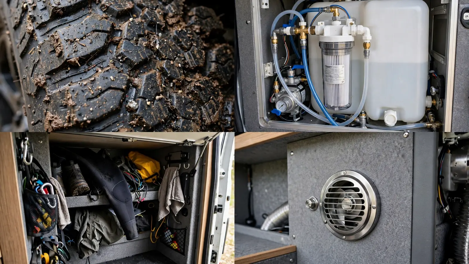 Four-panel detail collage of the Mud Season AWD Transit showing mud tires, water filtration, wet-gear storage and heater