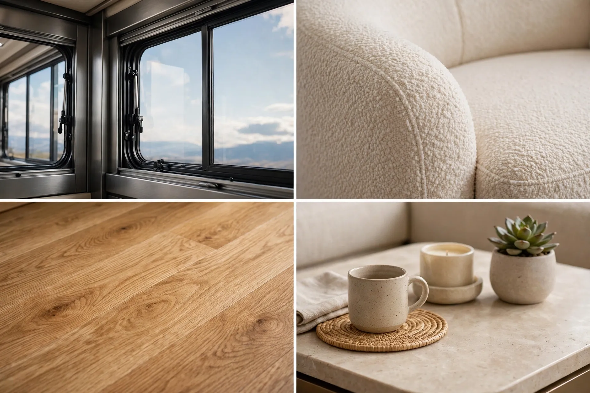 Detail collage of panoramic window frame, sofa fabric, oak floor and coffee table styling