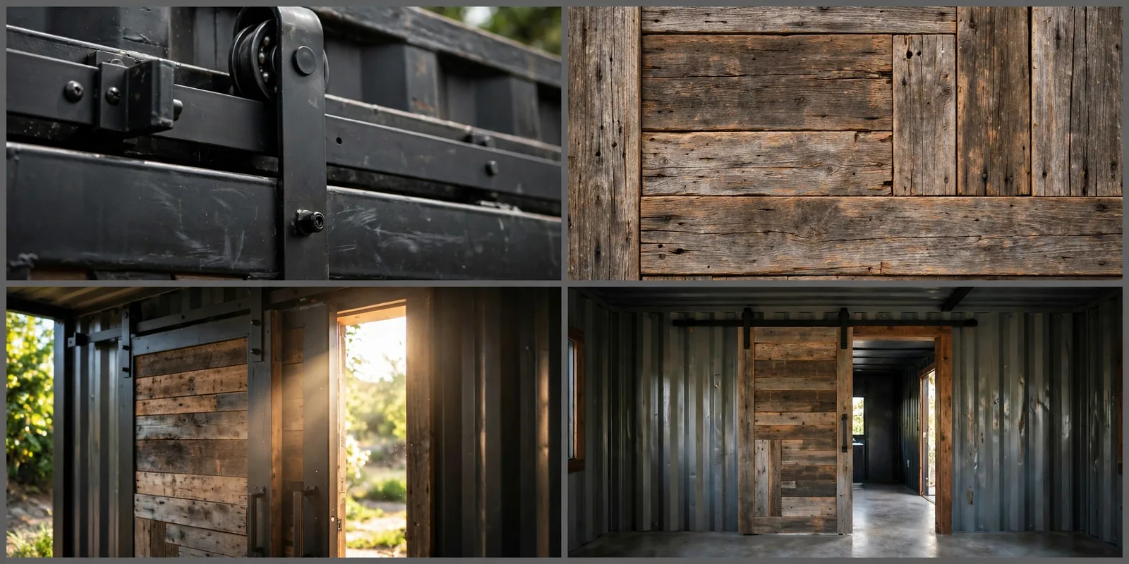Four-panel collage of the barn door: rail and roller close-up, reclaimed wood texture, door half open with light, view from inside