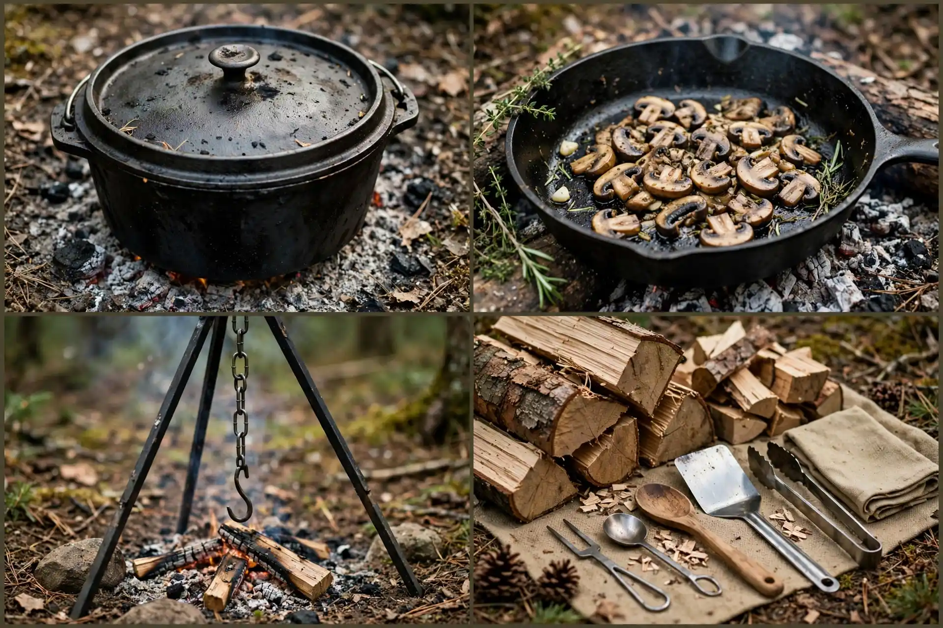 Detail collage of the campfire kitchen: Dutch oven, skillet, tripod, firewood