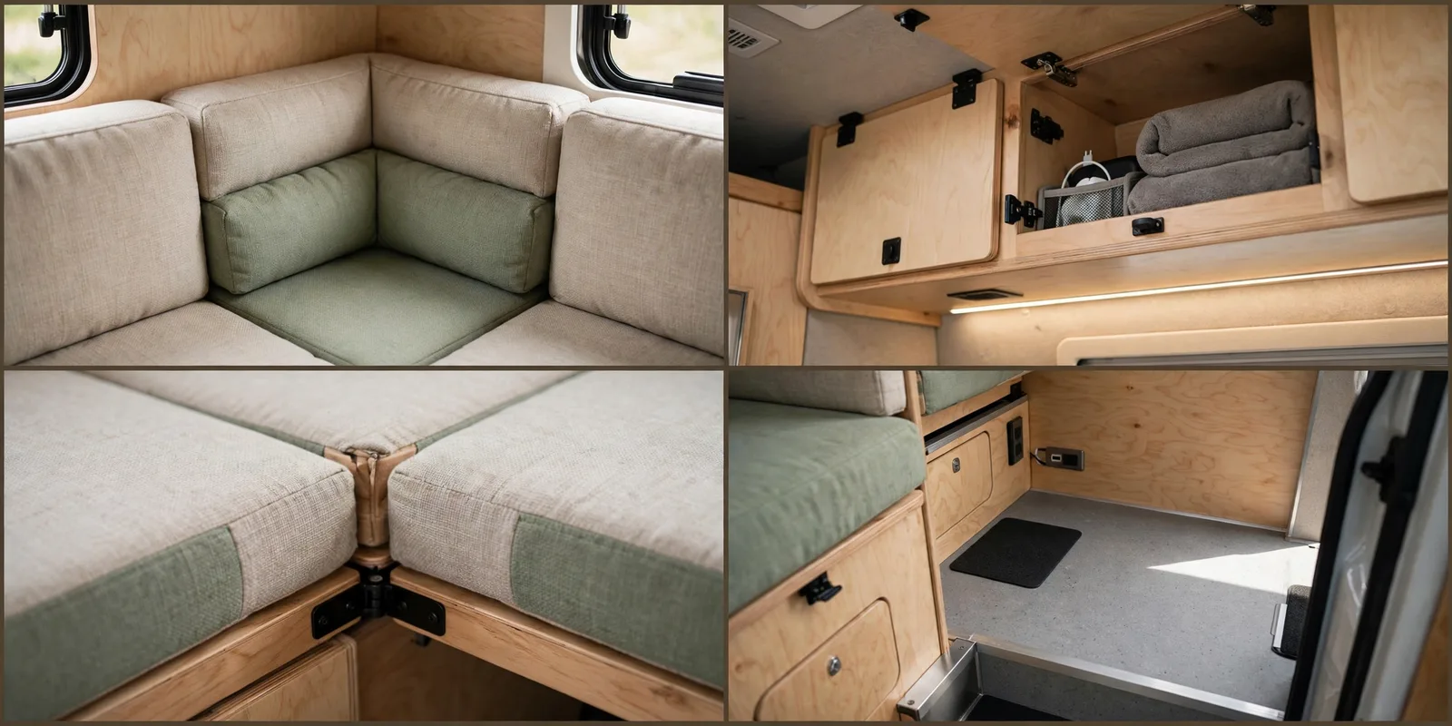 Four-panel detail collage of a fixed corner L-shaped camper van bed, showing the corner cushion join, open overhead storage cabinet, L-shaped mattress seam, and the small open floor area beside the bed