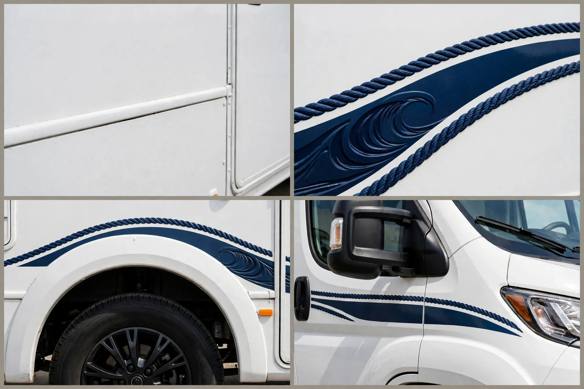 Four-panel detail collage of the coastal navy and white motorhome design