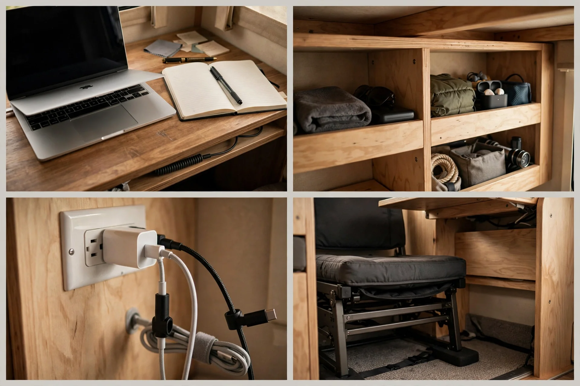 Four close up views of the bunk bed office nook showing the desk surface, wooden shelving cubbies, a power outlet with a routed charger cable, and the compact chair tucked into the nook
