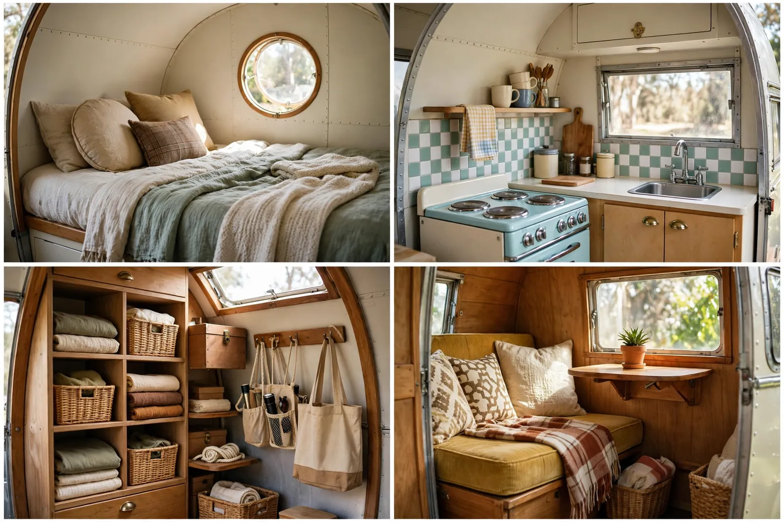 Four interior details of a retro canned-ham camper: bed, turquoise kitchenette, storage, and seating nook