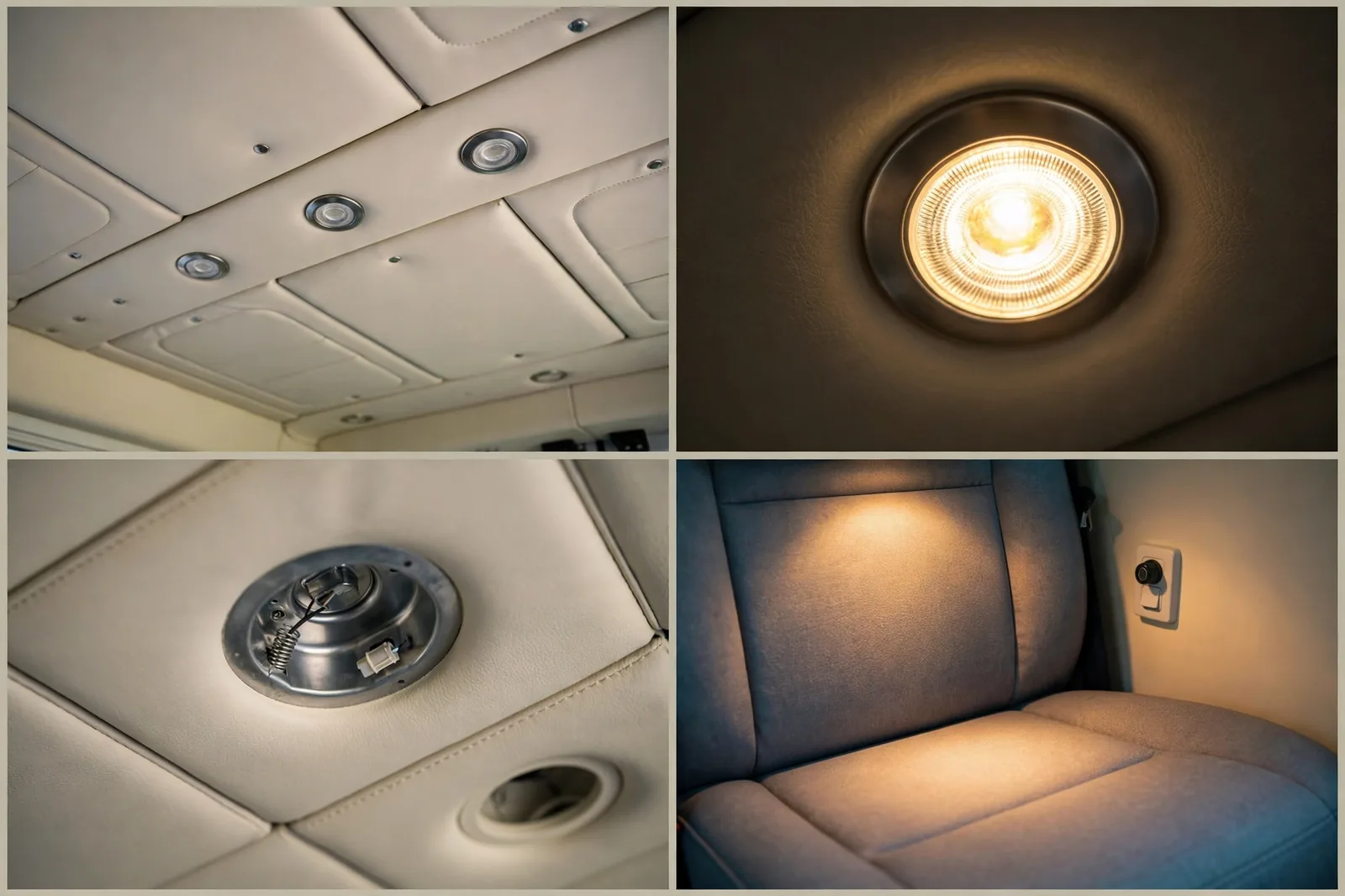 Four-panel detail collage of dimmable puck lights in camper van ceiling panels showing a glowing puck, the recessed fitting, light pooling on a seat, and a dimmer switch