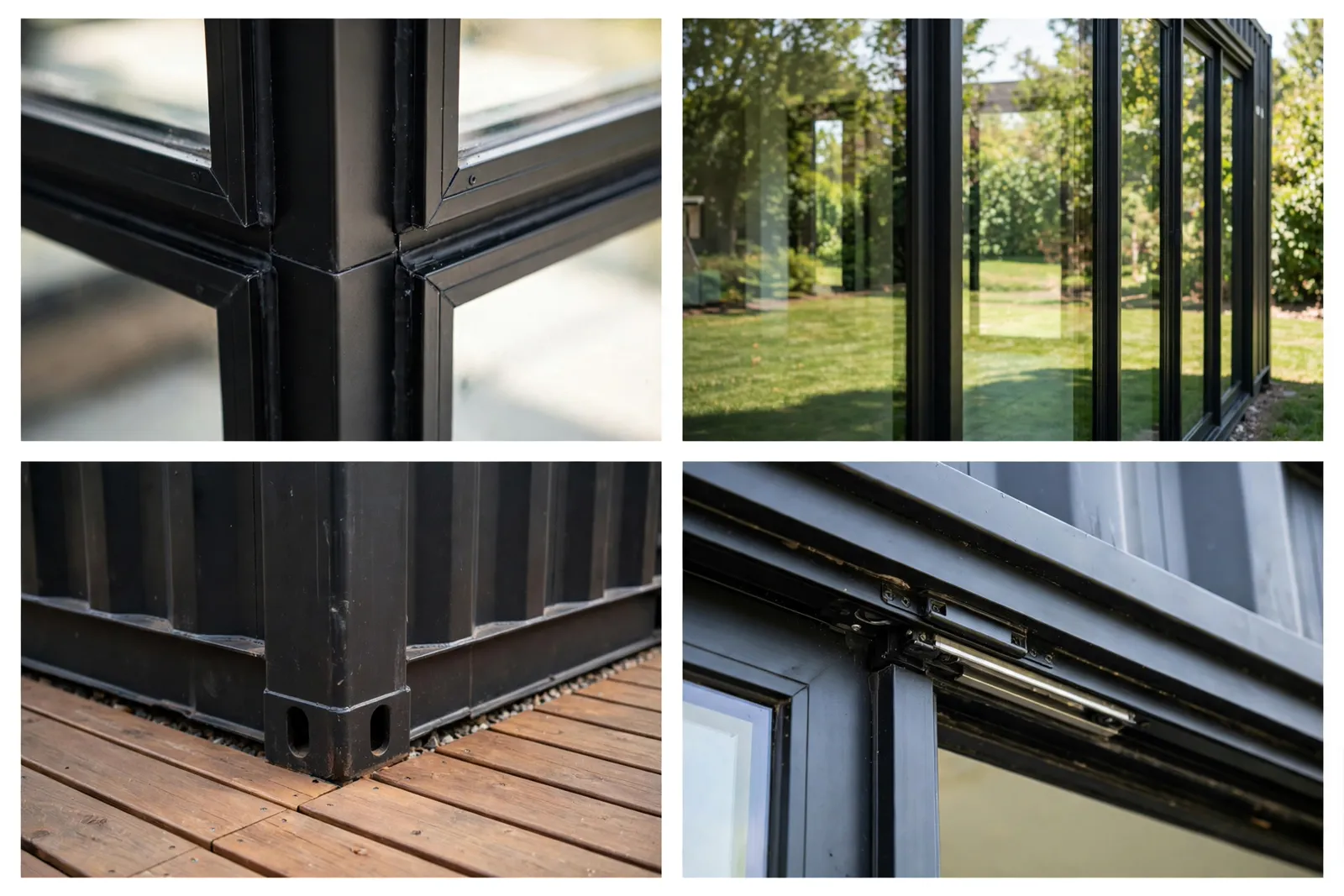 Four-panel collage: slim black window frame corner, glass reflecting the lawn, deck boards meeting the container, sliding door track hardware