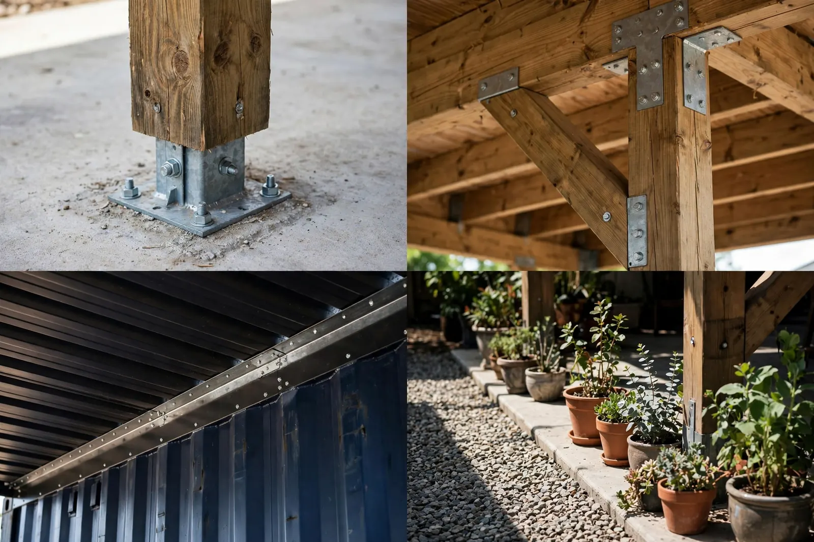 Four detail photos of a timber carport roof: a timber post base on a concrete footing with metal bracket, a knee brace joint under the roof beams, dark metal roof panels with flashing where they meet the navy container wall, and a gravel patio with potted plants in the shade.