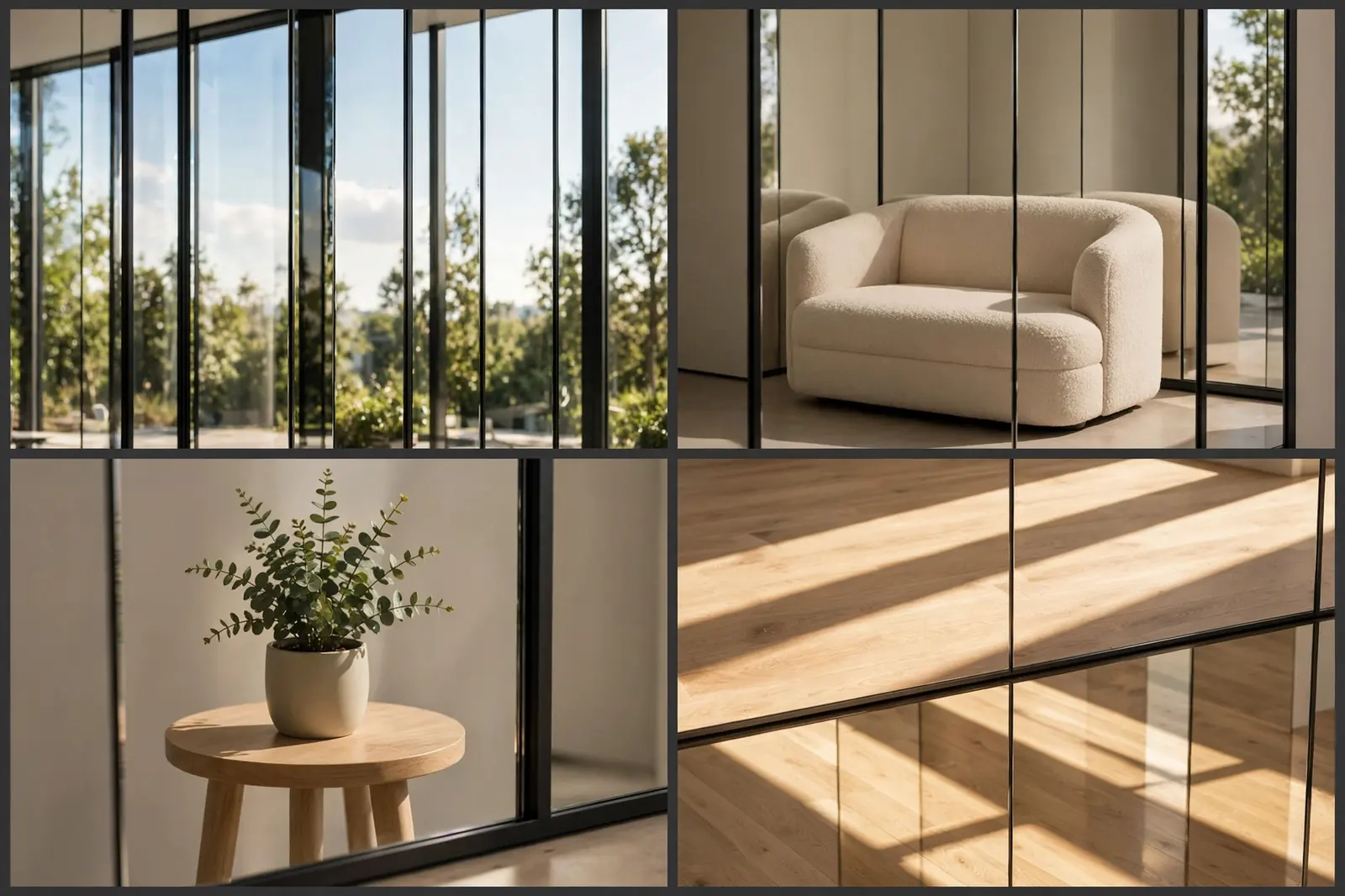 Mirror wall details: slim black-framed mirror panels, reflected loveseat, side table with plant, doubled sunlight on oak floor