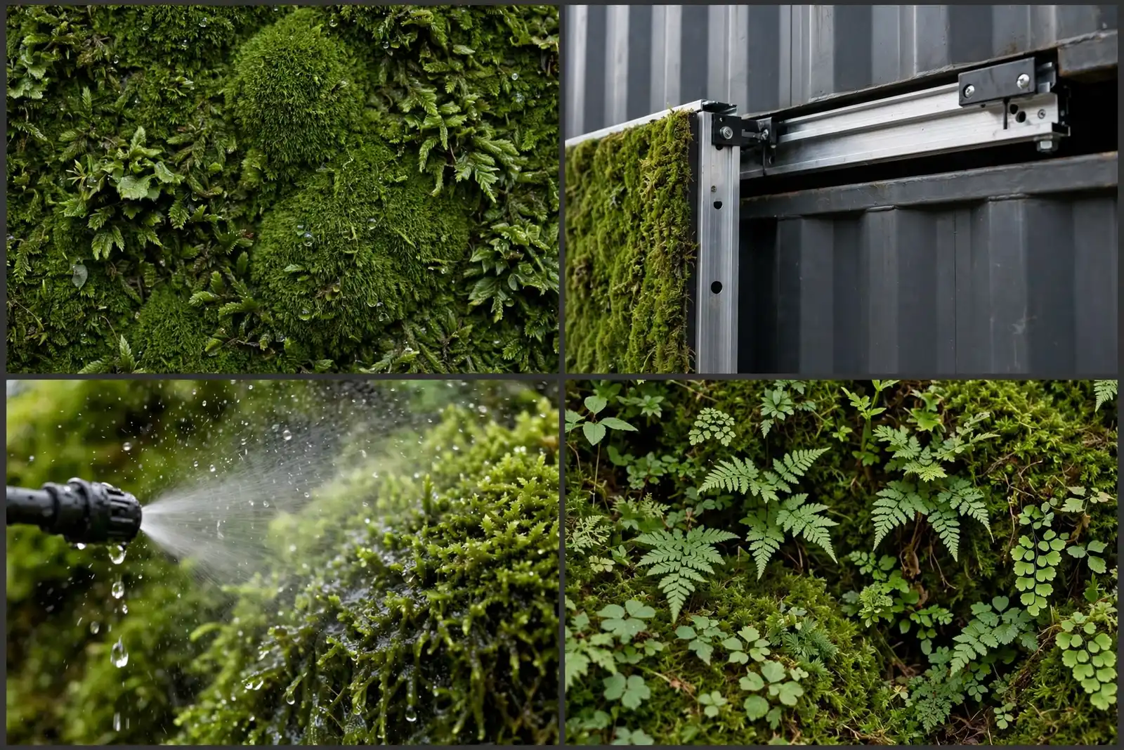 Detail collage of moss wall panels showing velvety moss texture, mounting frame, misting nozzle and ferns among the moss