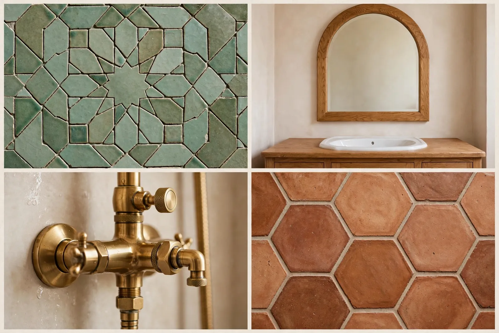 Four-panel collage of Mediterranean bathroom details: zellige tile texture, arched mirror and vanity, brass shower fixtures and terracotta floor
