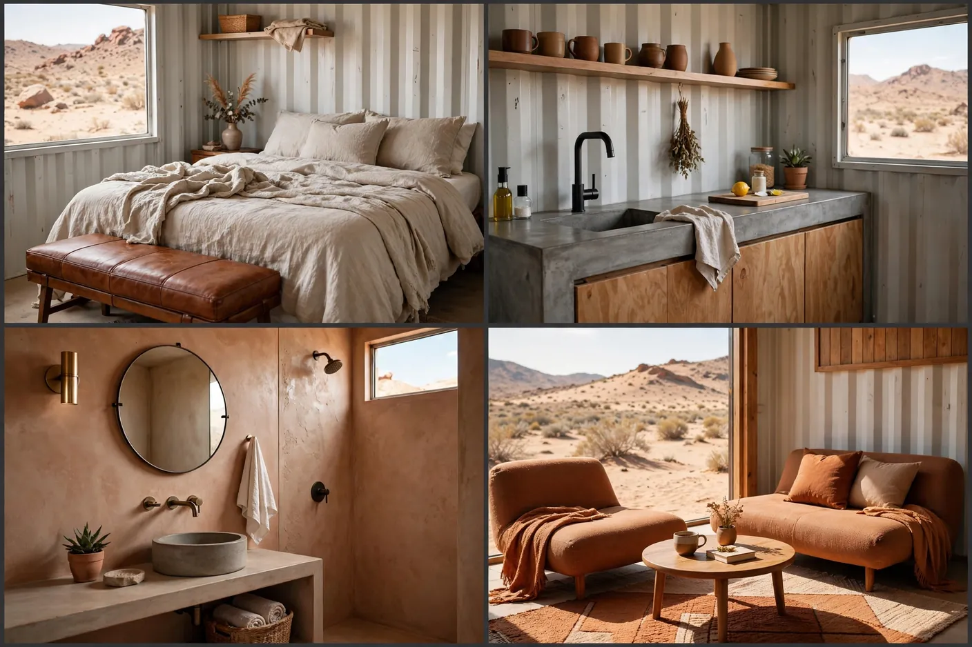 Four interior views of a desert modern container studio: bedroom, kitchenette, bathroom and lounge