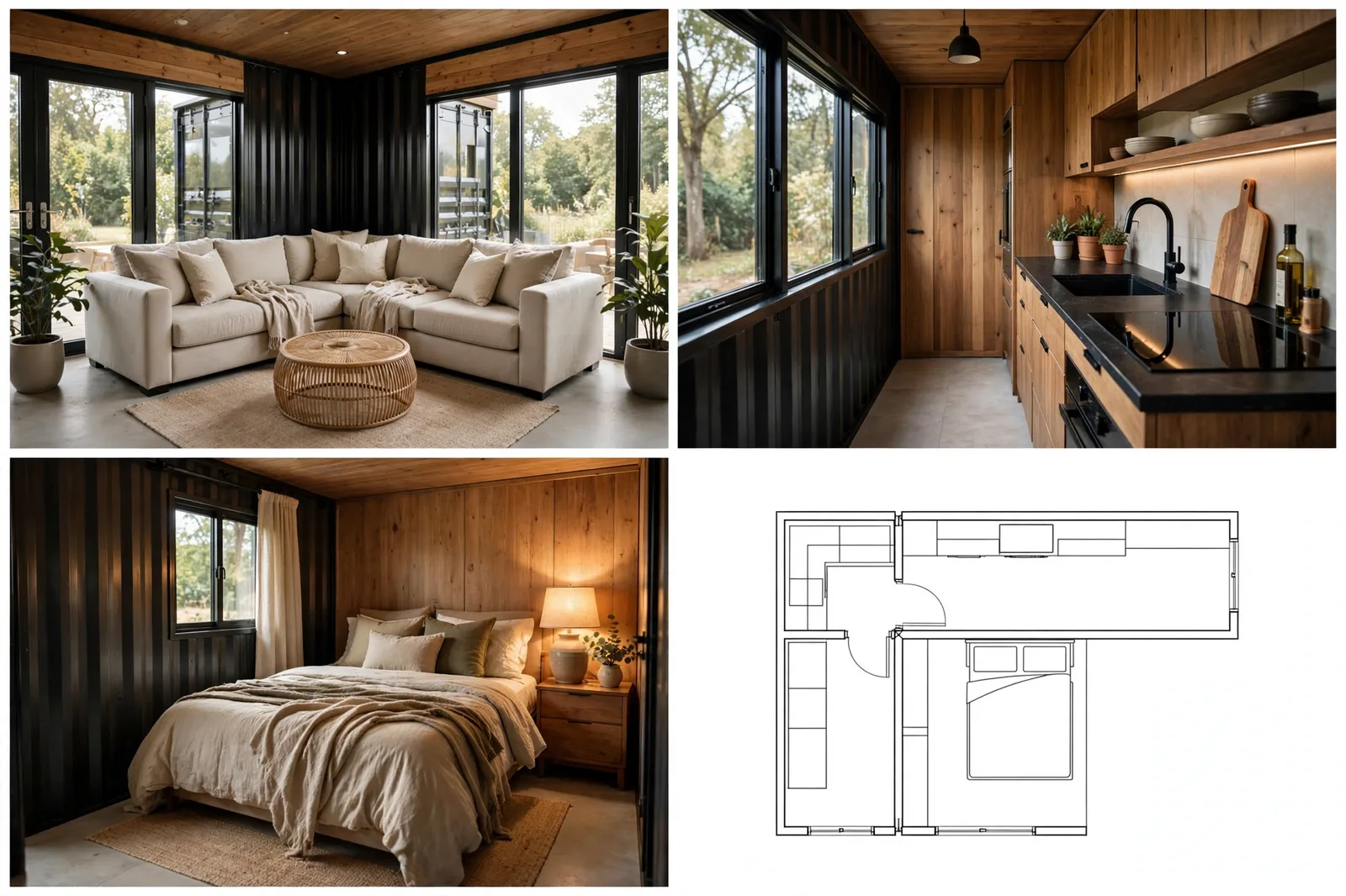 Four-panel collage of the L-shaped container home: corner living room, kitchen arm, bedroom arm, and an L-shaped line-art floor plan.