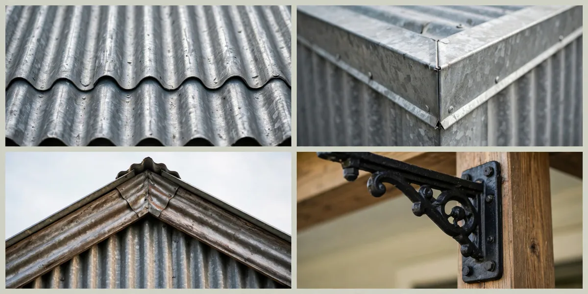 Corrugated metal details: rib close-up, metal corner trim, corrugated gable end, and porch post bracket