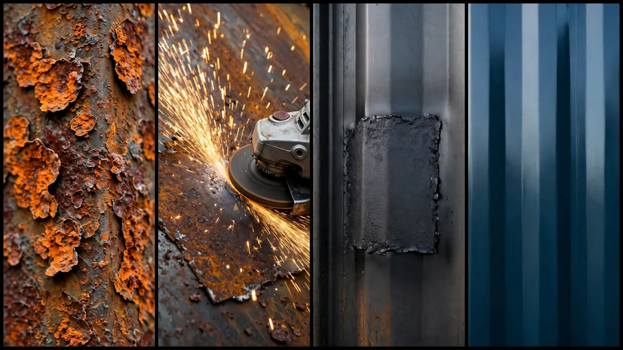 Rust treatment details: heavy orange surface rust, angle grinder throwing sparks, rust-converter coated patch, fresh marine paint finish