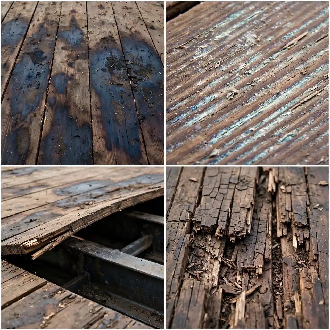Close-up collage of stained floor planks, chemical residue marks, a lifted board and splintered flooring