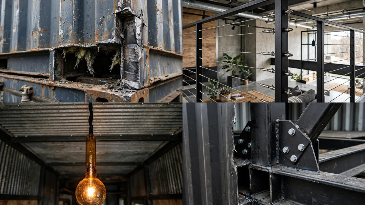 Close-up details of cut steel edges, cable railings, pendant lights, and welded reinforcement