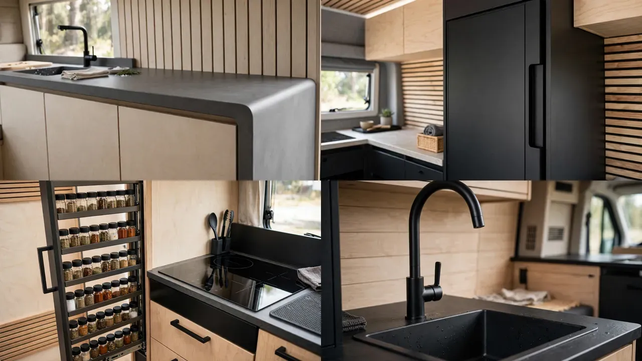 Close-up details of waterfall countertop edge, fridge tower, spice pullout and matte black faucet