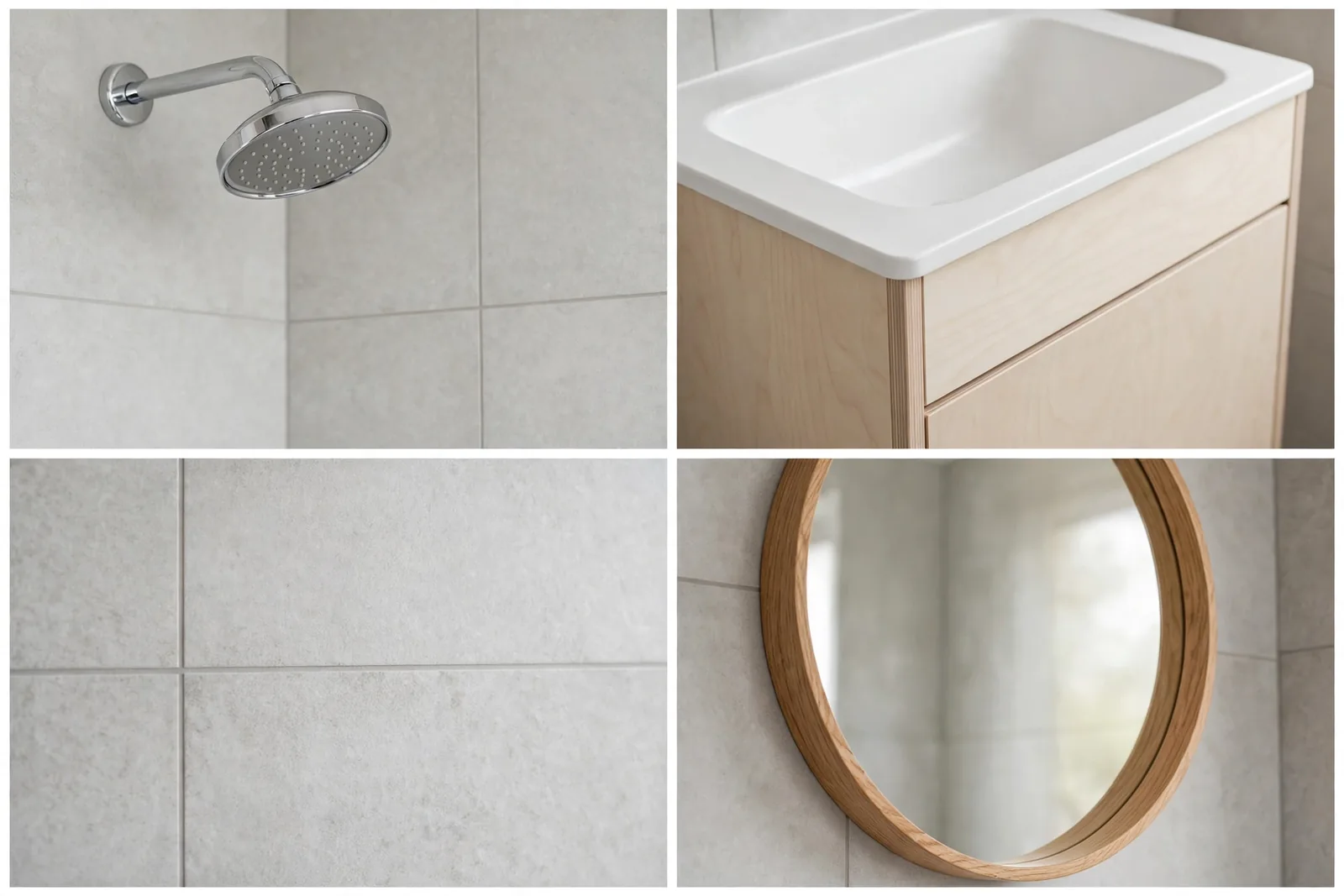 Detail collage: chrome shower, birch vanity sink, grey tile texture, oak-framed mirror