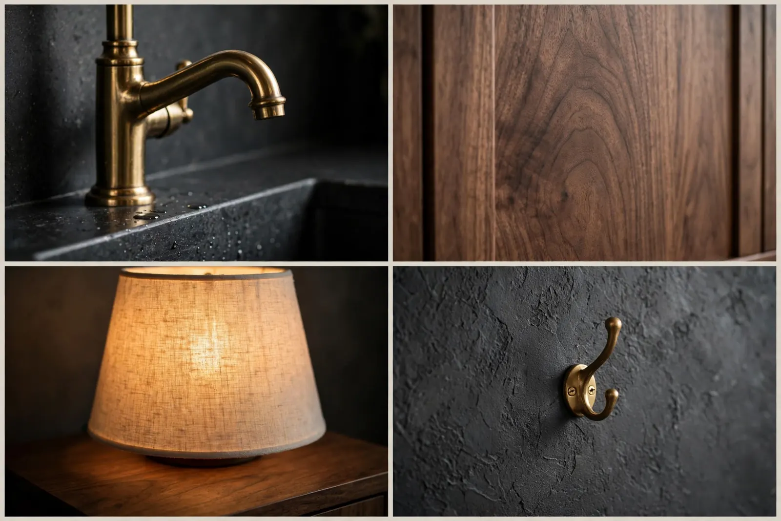 Four close-up detail shots in a 2x2 grid: an aged-brass faucet against a dark stone counter, rich walnut wood cabinet grain, a warm glowing linen lamp shade on a side table, and a brass wall hook on textured charcoal plaster.