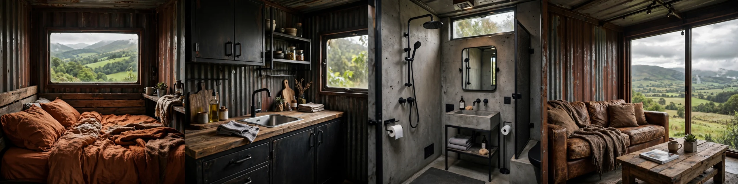 Interior collage of the corten cabin: rust-toned bedroom, black steel kitchen, concrete bathroom, and leather-sofa living area over the hills