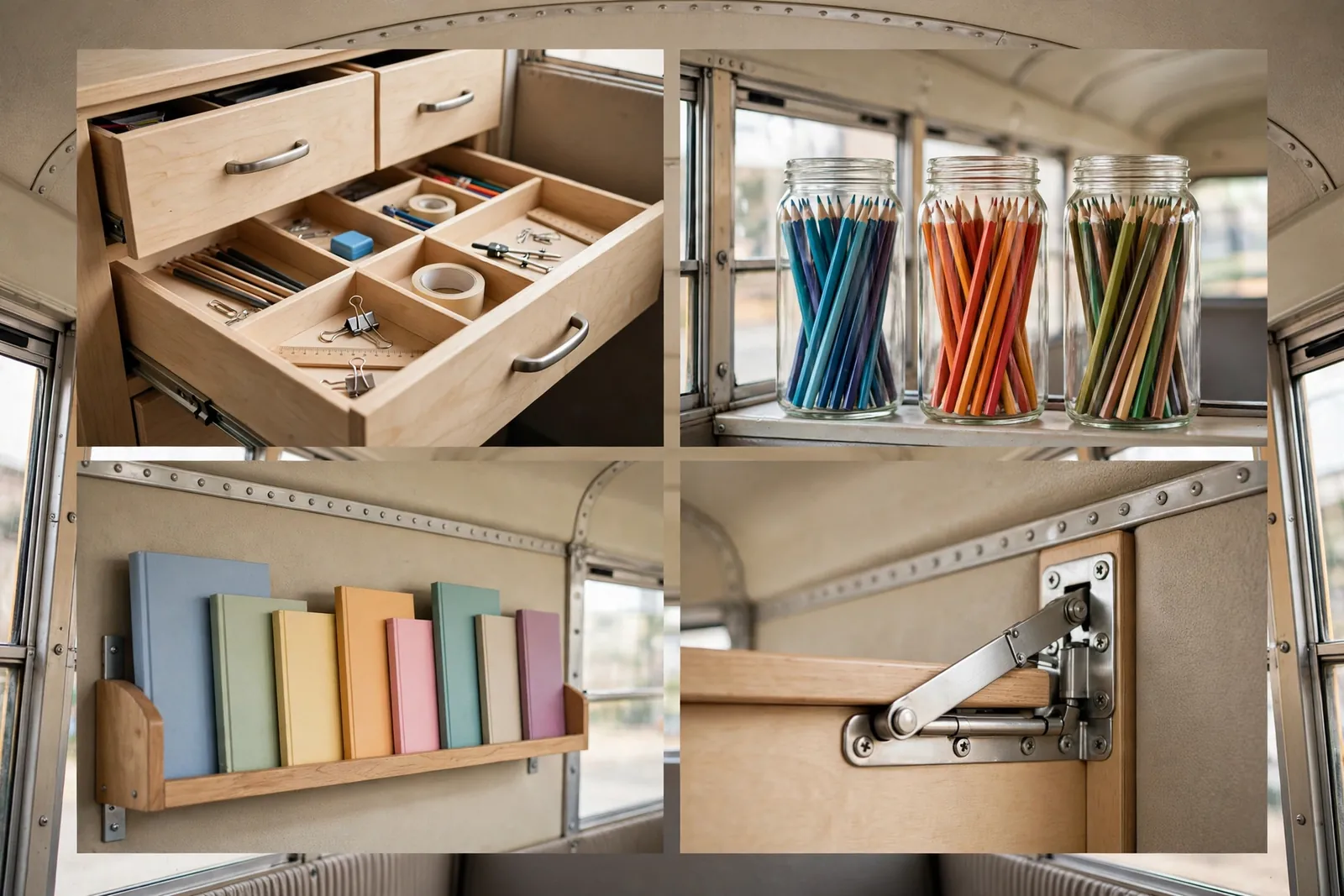 Homeschool nook details: desk drawers, pencil jars, bookshelf, fold-down desk