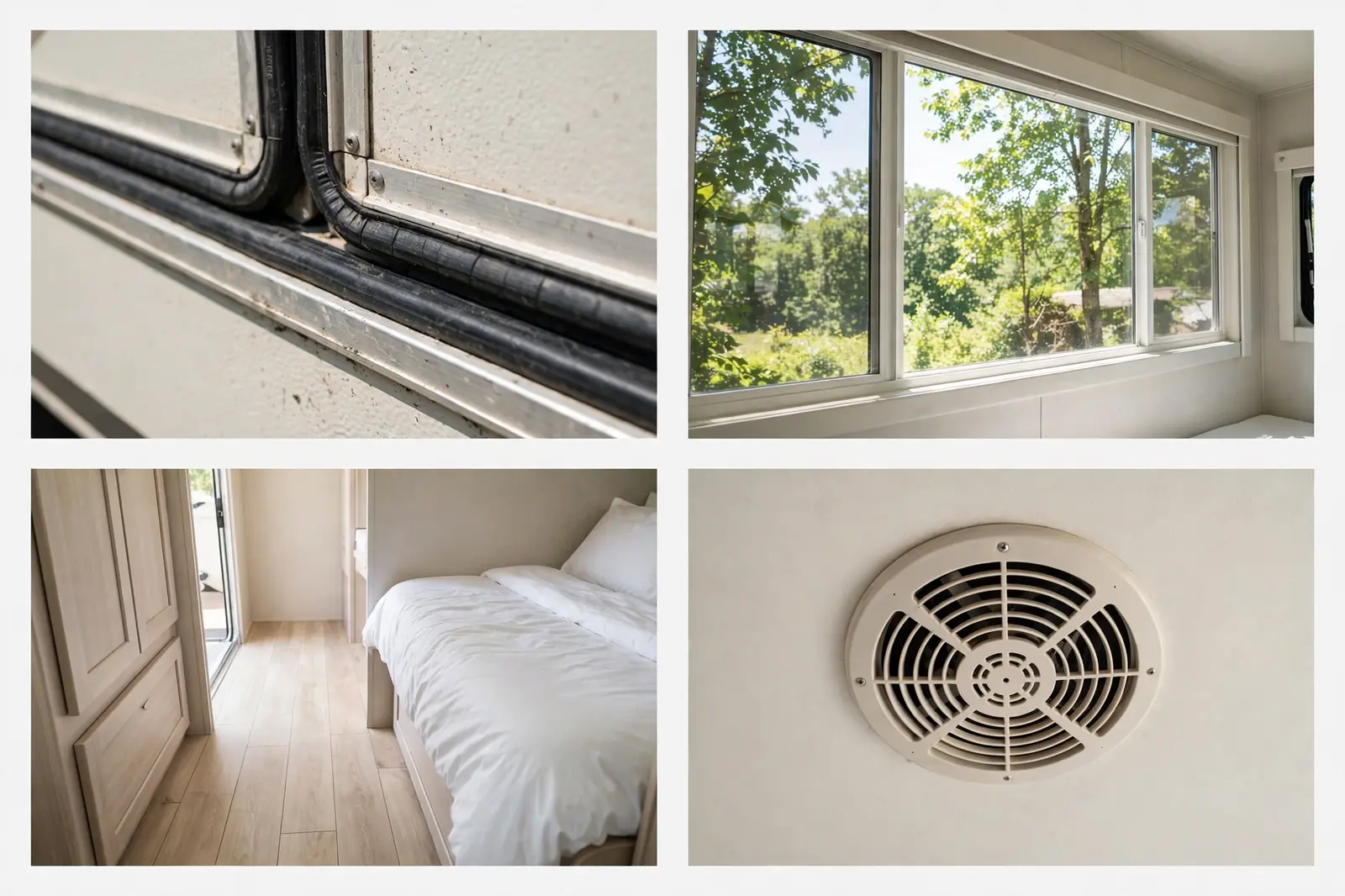 Four-panel collage showing slide-out wall seam, panoramic window detail, walkway space, and ceiling vent