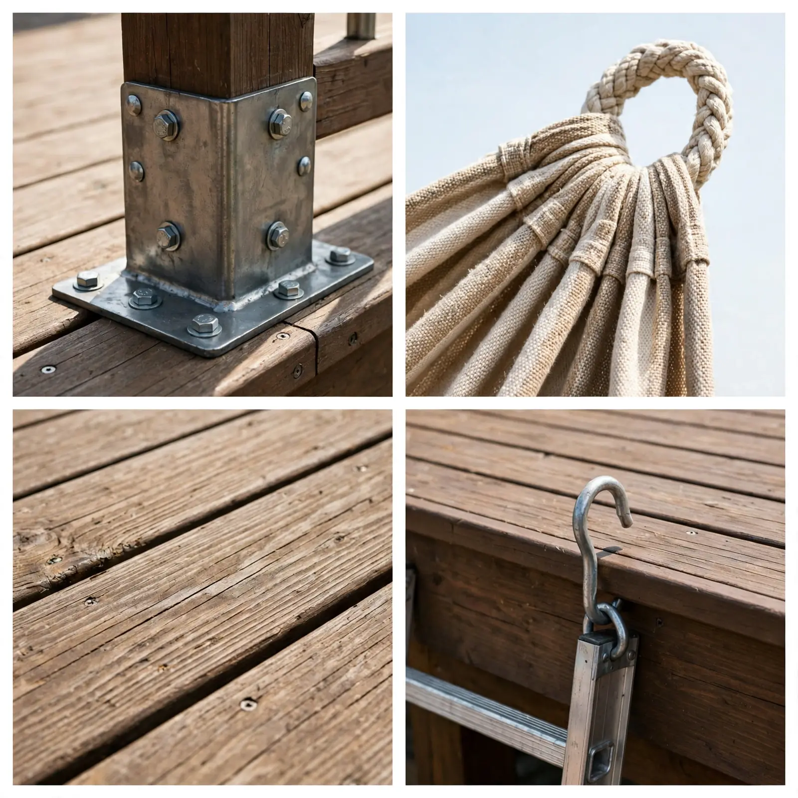 Four-panel collage: solar panel under deck boards, railing post base, side ladder rungs, deck edge trim