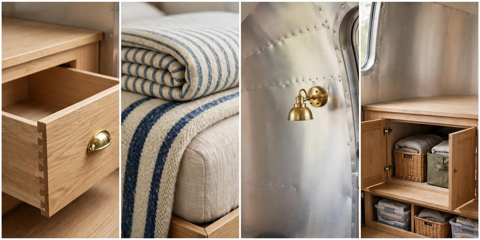 Four detail panels: oak step drawer with brass pull, striped wool blanket, brass reading sconce, hidden storage doors with bins