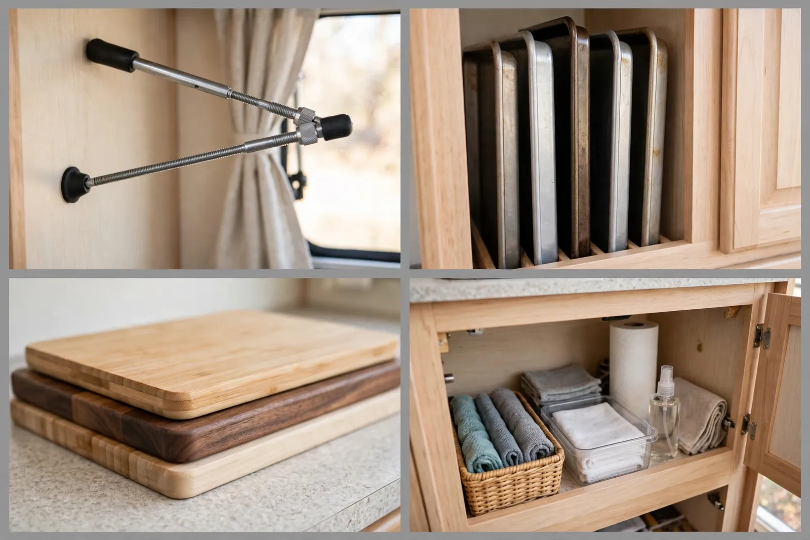 Detail collage: tension rod ends, upright baking sheets, stacked cutting boards, tidy lower RV cabinet